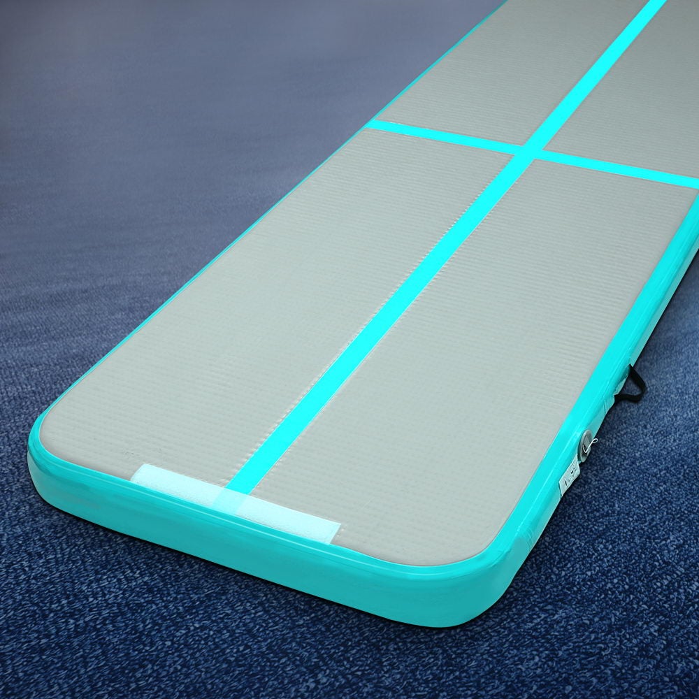 Everfit 3m x 1m Air Track Mat in mint green and grey, showcasing its inflatable design and anti-slip surface, ideal for gymnastics and cheerleading.