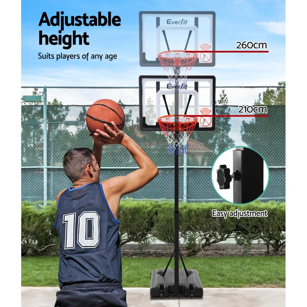 Everfit Adjustable Portable Basketball Stand with a 32-inch shatterproof backboard and heavy-duty base, ideal for players of all ages.