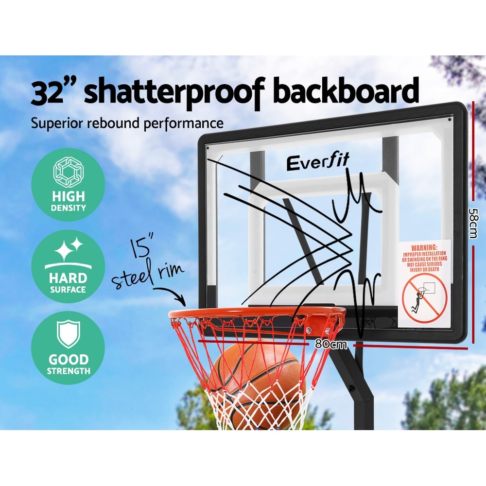 Everfit Adjustable Portable Basketball Stand with a 32-inch shatterproof backboard and heavy-duty base, ideal for players of all ages.