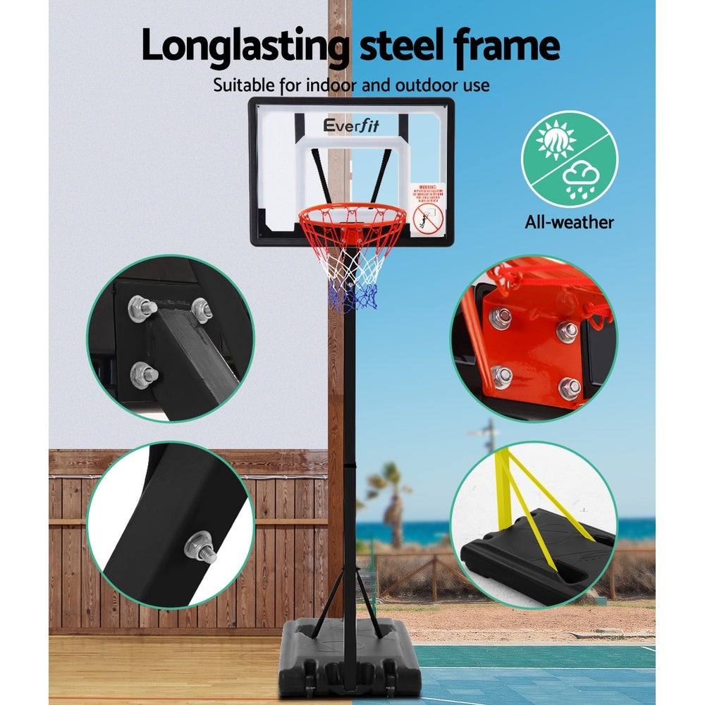 Everfit Adjustable Portable Basketball Stand with a 32-inch shatterproof backboard and heavy-duty base, ideal for players of all ages.