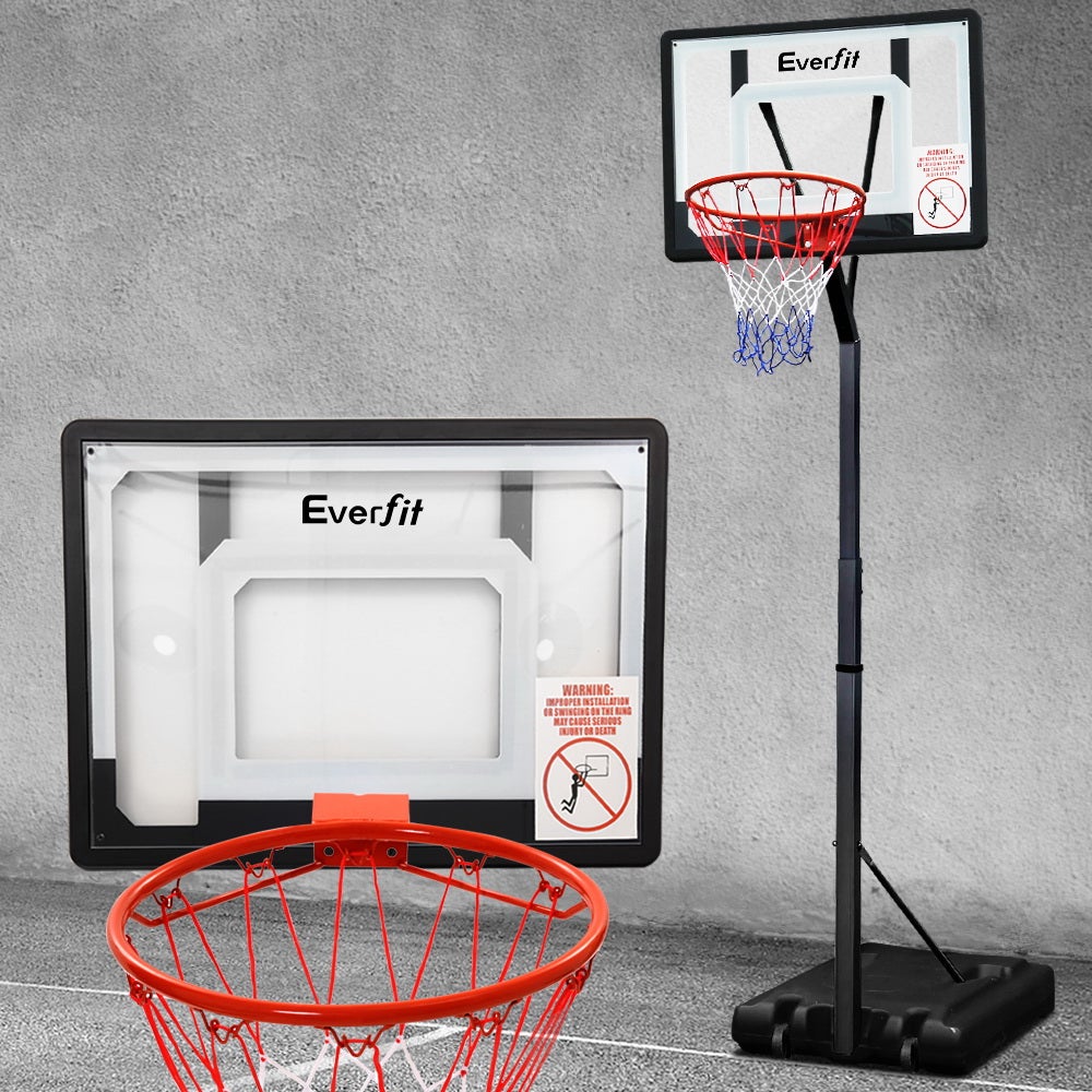 Everfit Adjustable Portable Basketball Stand with a 32-inch shatterproof backboard and heavy-duty base, ideal for players of all ages.