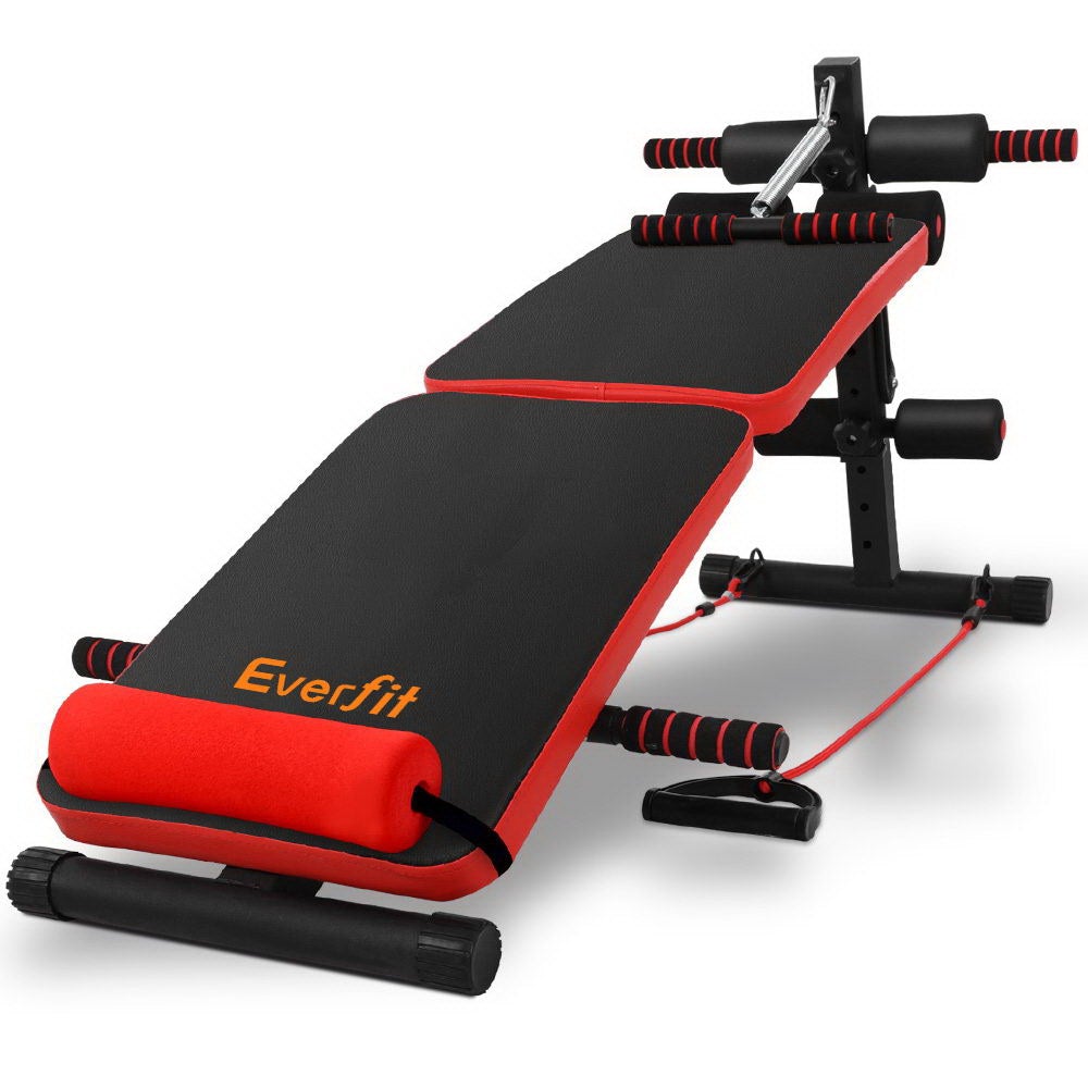 Everfit Adjustable Sit Up Bench with resistance bands, showcasing its foldable design and durable construction.