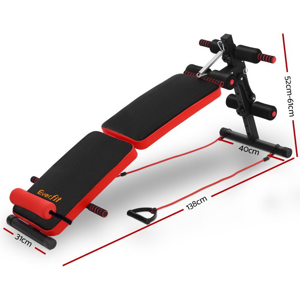 Everfit Adjustable Sit Up Bench with resistance bands, showcasing its foldable design and durable construction.