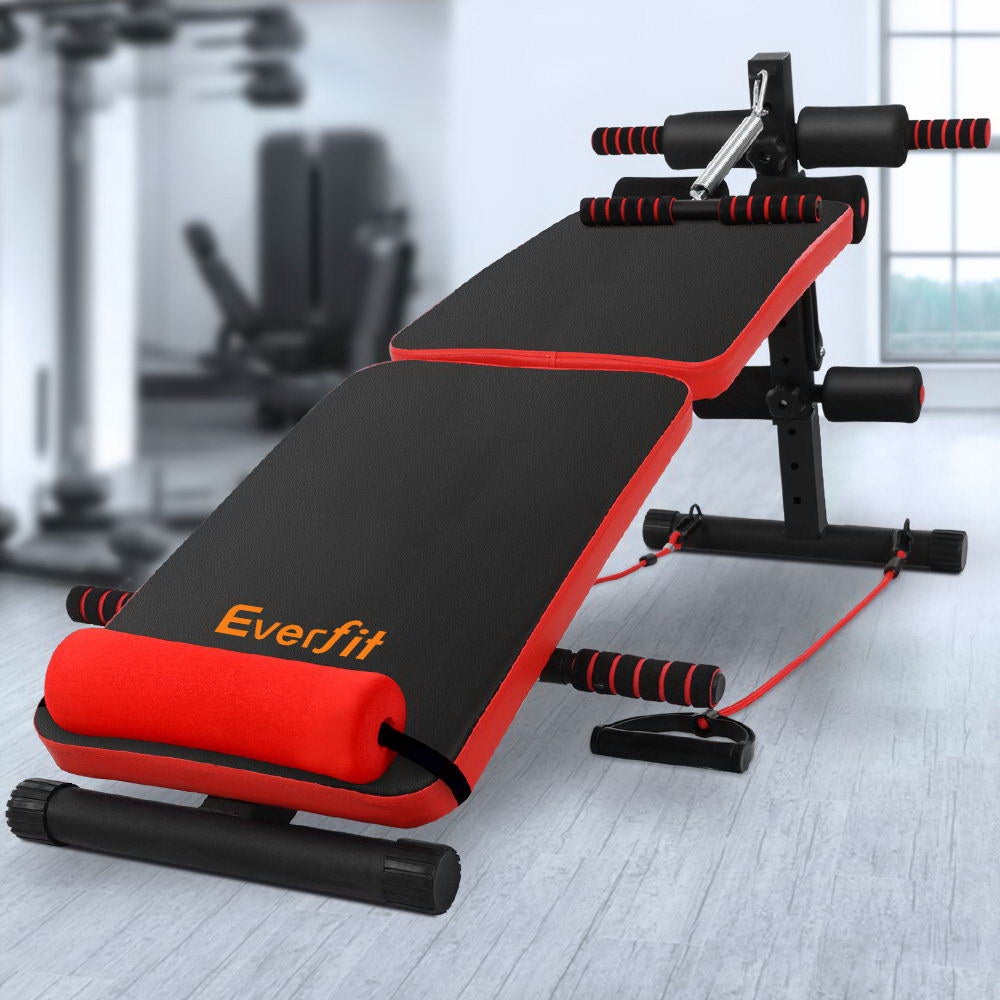 Everfit Adjustable Sit Up Bench with resistance bands, showcasing its foldable design and durable construction.