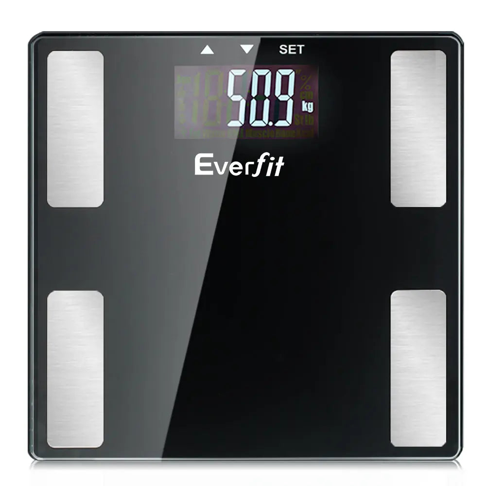 Everfit Bathroom Scales Digital Body Fat Scale with a sleek black tempered glass platform and large LCD display, measuring up to 180KG.