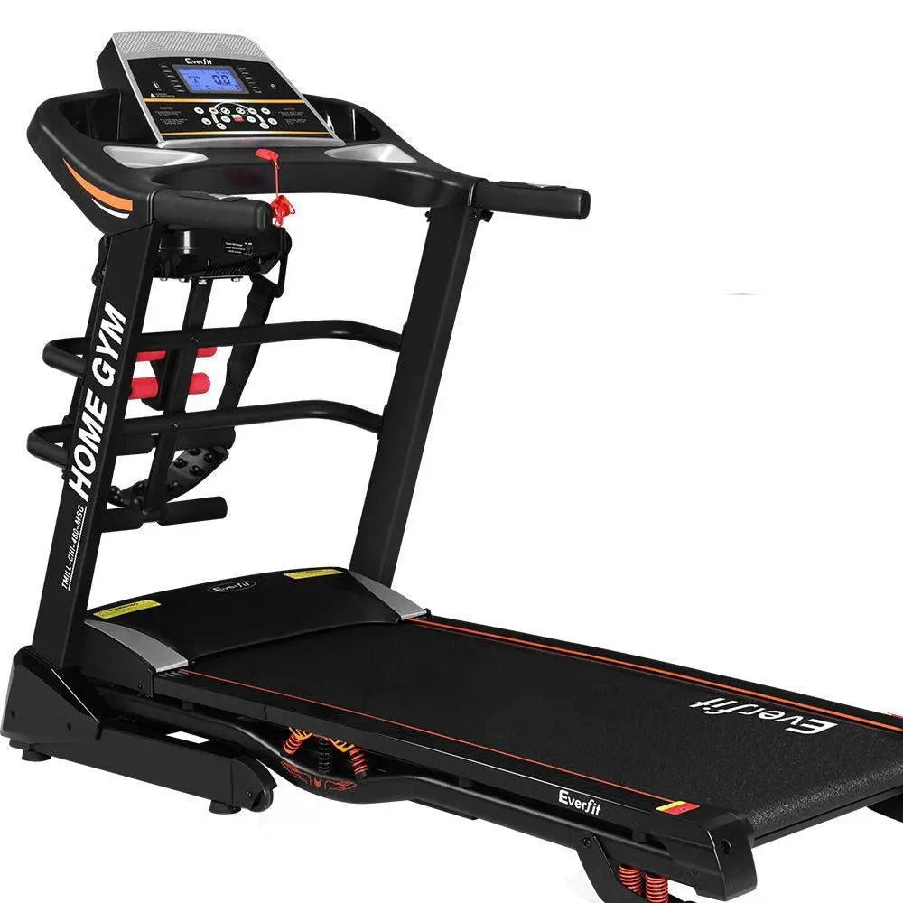 Everfit Electric Treadmill with a sturdy steel frame, digital display, and multifunctional workout accessories, designed for home gym use.