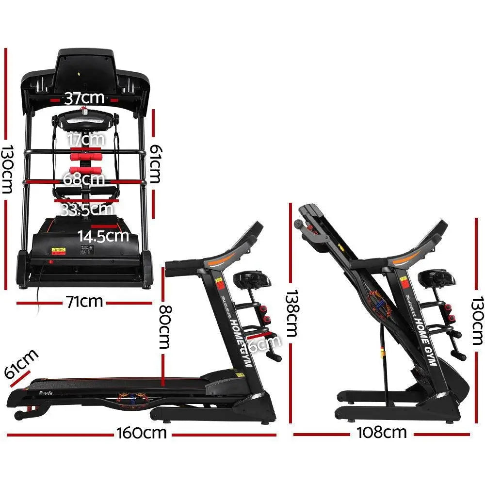 Everfit Electric Treadmill with a sturdy steel frame, digital display, and multifunctional workout accessories, designed for home gym use.