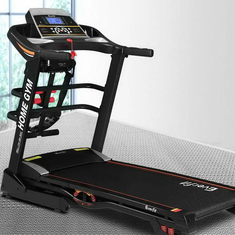 Everfit Electric Treadmill with a sturdy steel frame, digital display, and multifunctional workout accessories, designed for home gym use.