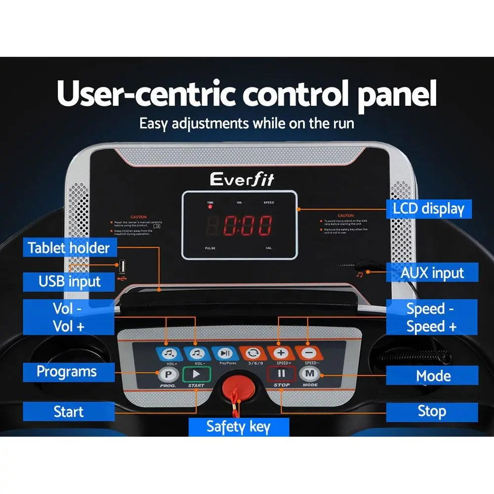 Everfit Electric Treadmill with digital display and foldable design, showcasing its sturdy frame and running belt.