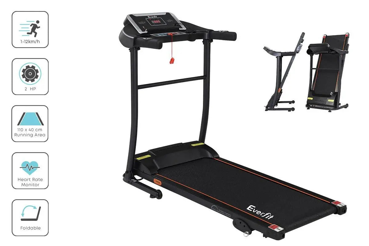 Everfit Electric Treadmill with digital display and foldable design, showcasing its sturdy frame and running belt.