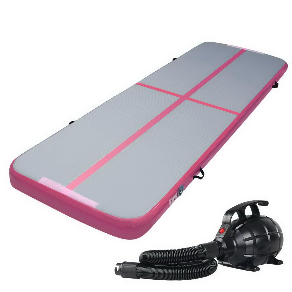 Everfit GoFun 3X1M Inflatable Air Track Mat in pink and grey with electric air pump and carry bag, designed for gymnastics and cheerleading.