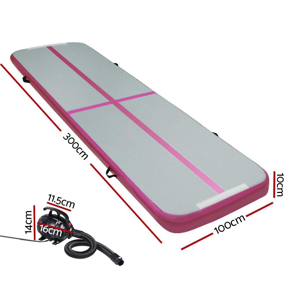 Everfit GoFun 3X1M Inflatable Air Track Mat in pink and grey with electric air pump and carry bag, designed for gymnastics and cheerleading.