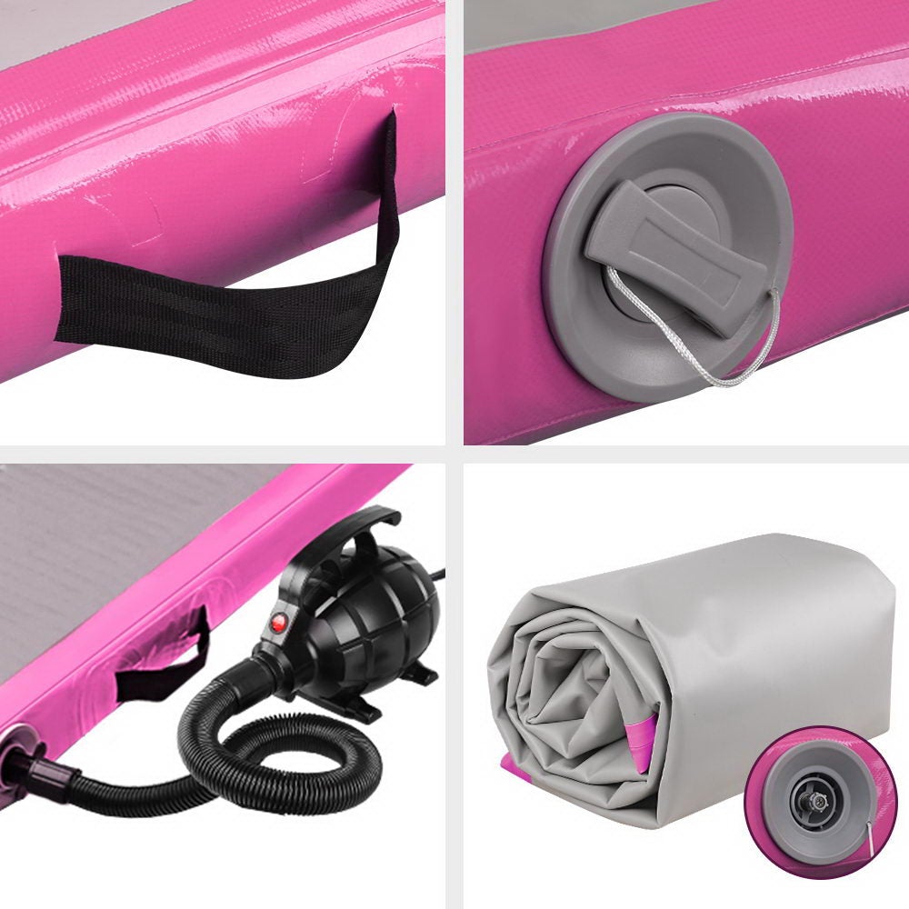 Everfit GoFun 3X1M Inflatable Air Track Mat in pink and grey with electric air pump and carry bag, designed for gymnastics and cheerleading.