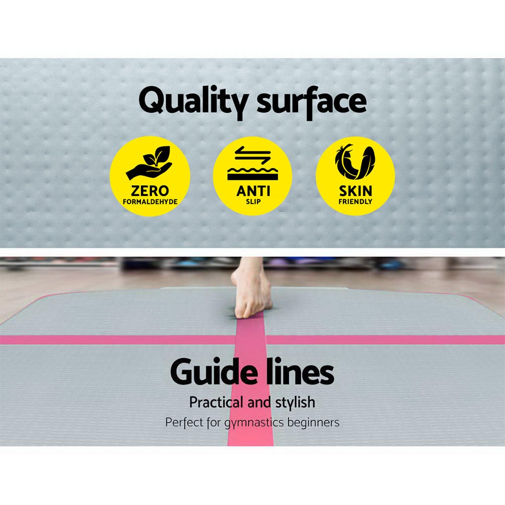 Everfit GoFun 3X1M Inflatable Air Track Mat in pink and grey with electric air pump and carry bag, designed for gymnastics and cheerleading.