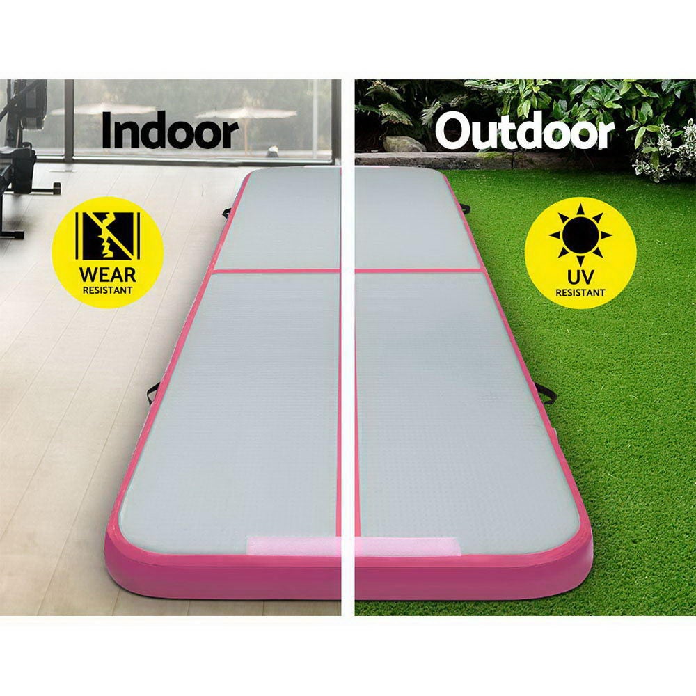 Everfit GoFun 3X1M Inflatable Air Track Mat in pink and grey with electric air pump and carry bag, designed for gymnastics and cheerleading.