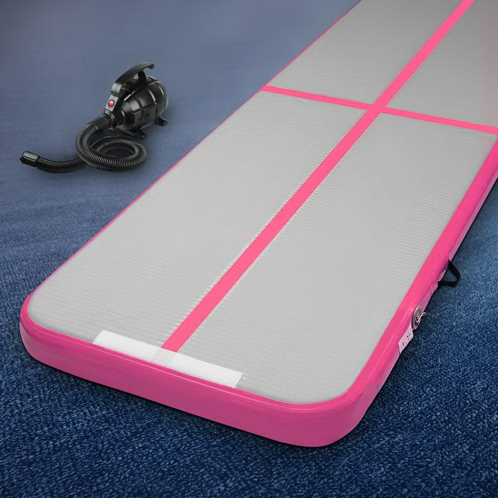 Everfit GoFun 3X1M Inflatable Air Track Mat in pink and grey with electric air pump and carry bag, designed for gymnastics and cheerleading.