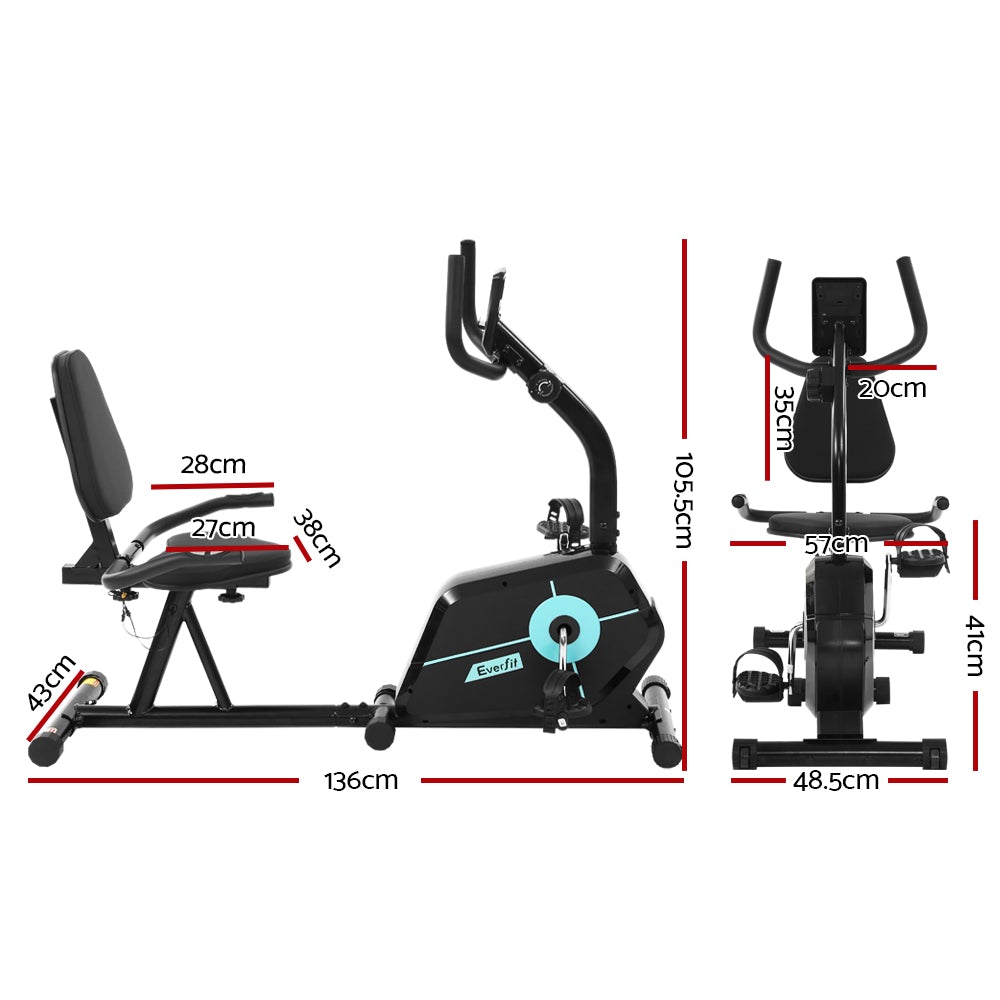 Everfit Magnetic Recumbent Exercise Bike with LCD monitor and adjustable seat, designed for comfortable home workouts.