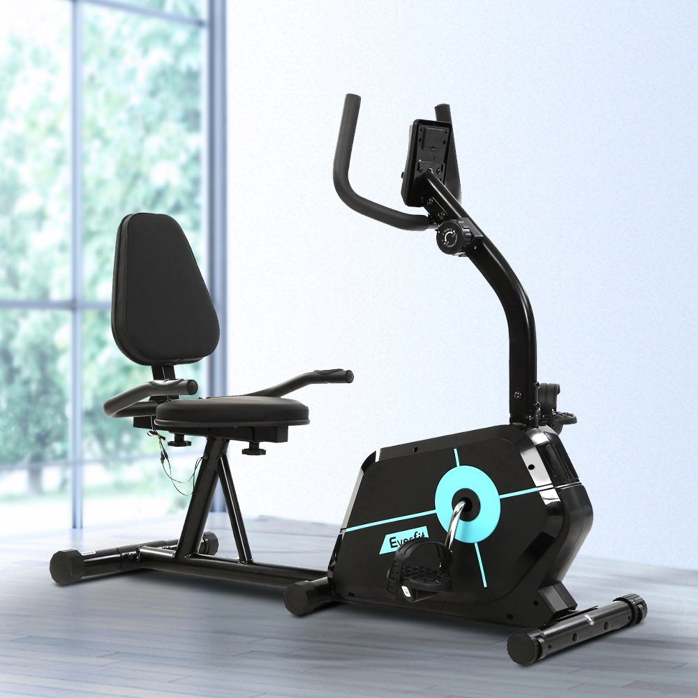 Everfit Magnetic Recumbent Exercise Bike with LCD monitor and adjustable seat, designed for comfortable home workouts.