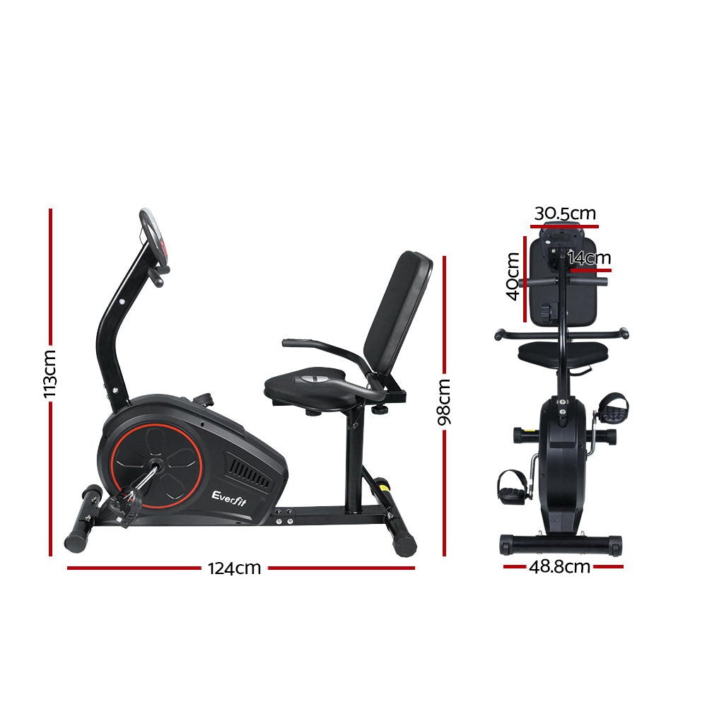 Everfit Magnetic Recumbent Exercise Bike with LCD monitor and adjustable seat, designed for comfortable home workouts.