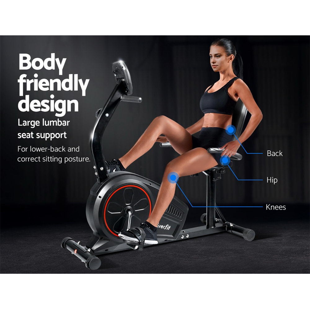 Everfit Magnetic Recumbent Exercise Bike with LCD monitor and adjustable seat, designed for comfortable home workouts.