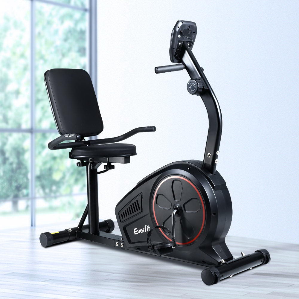 Everfit Magnetic Recumbent Exercise Bike with LCD monitor and adjustable seat, designed for comfortable home workouts.