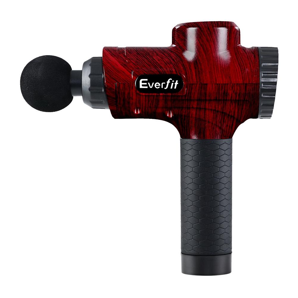 Everfit Massage Gun with six interchangeable heads, showcasing its ergonomic design and LCD display for customizable massage therapy.