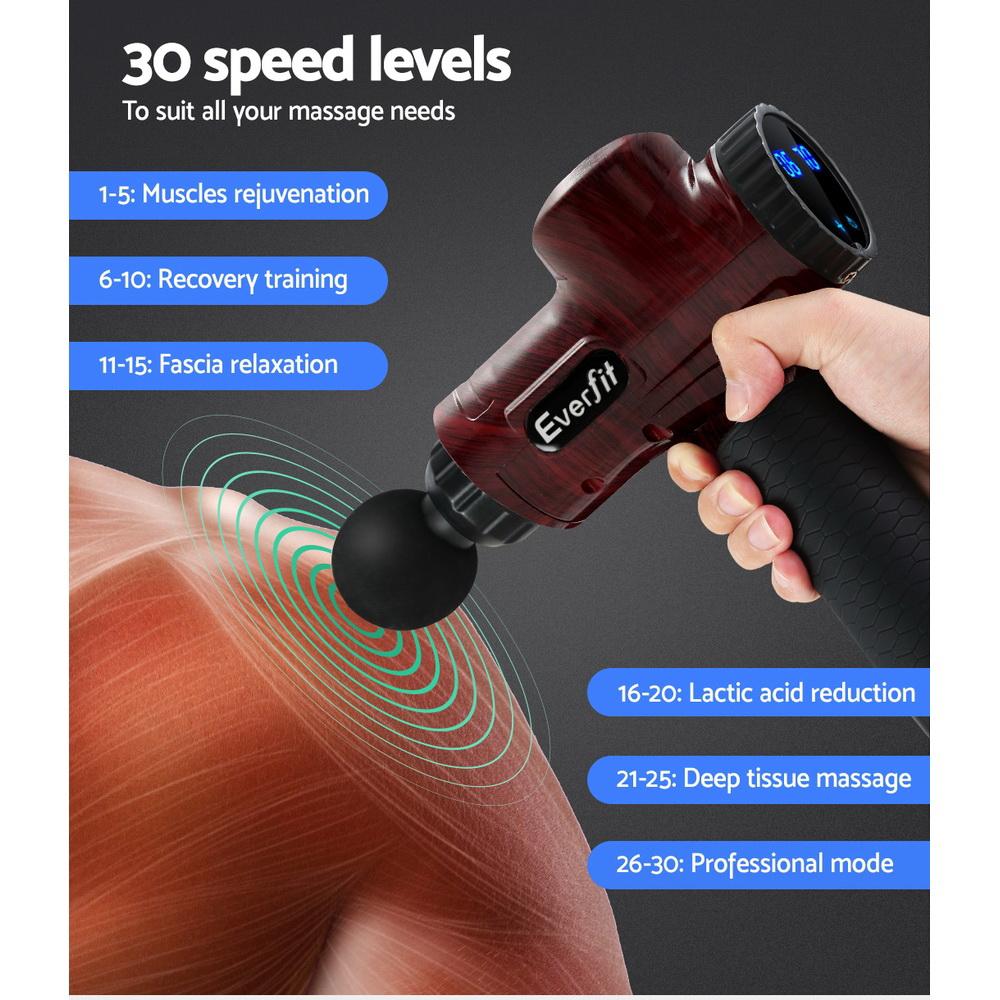 Everfit Massage Gun with six interchangeable heads, showcasing its ergonomic design and LCD display for customizable massage therapy.