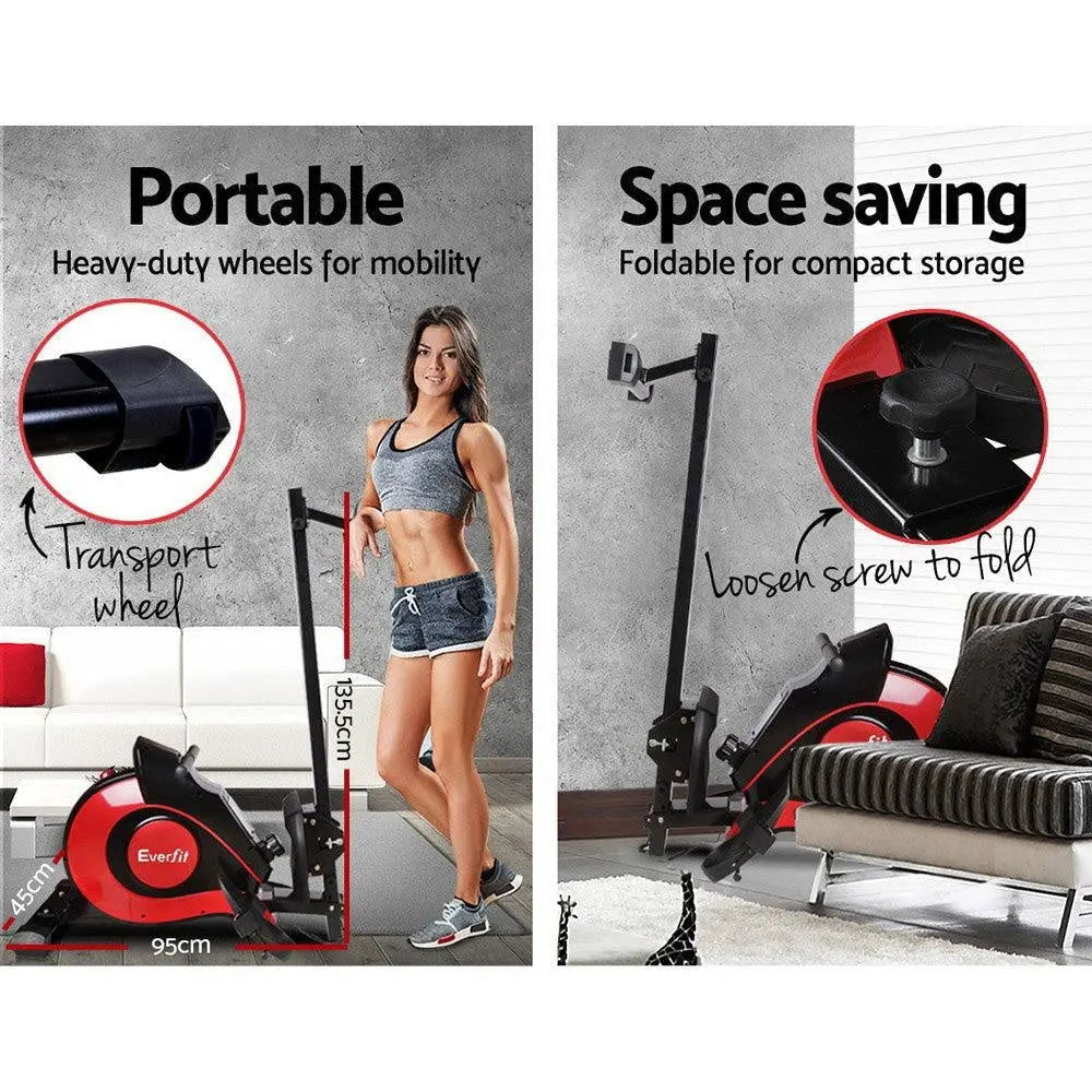 Everfit Resistance Rowing Exercise Machine with magnetic brake system, featuring a large LCD display and foldable design for home workouts.