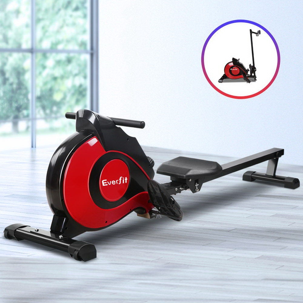 Everfit Resistance Rowing Exercise Machine with magnetic brake system, featuring a large LCD display and foldable design for home workouts.