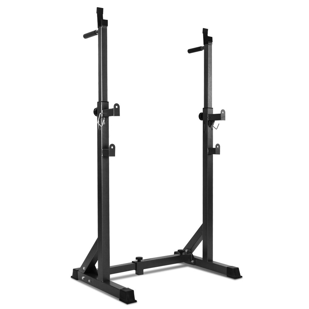 Everfit Squat Rack Pair made of strong powder-coated steel, featuring adjustable height settings and non-slip feet for stability during workouts.