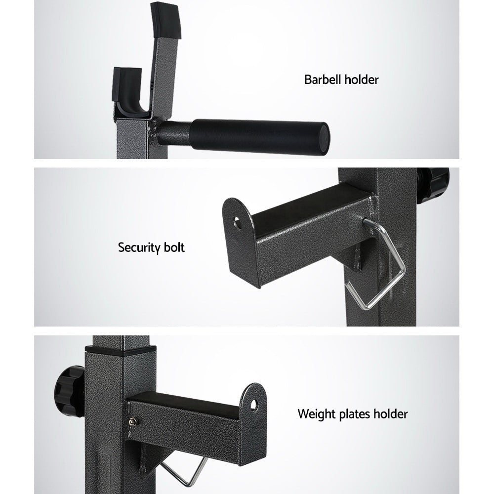 Everfit Squat Rack Pair made of strong powder-coated steel, featuring adjustable height settings and non-slip feet for stability during workouts.