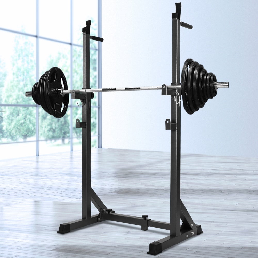 Everfit Squat Rack Pair made of strong powder-coated steel, featuring adjustable height settings and non-slip feet for stability during workouts.