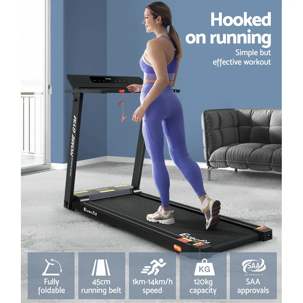 Everfit Treadmill Electric Fully Foldable Home Gym with digital display and safety features, designed for effective home workouts.