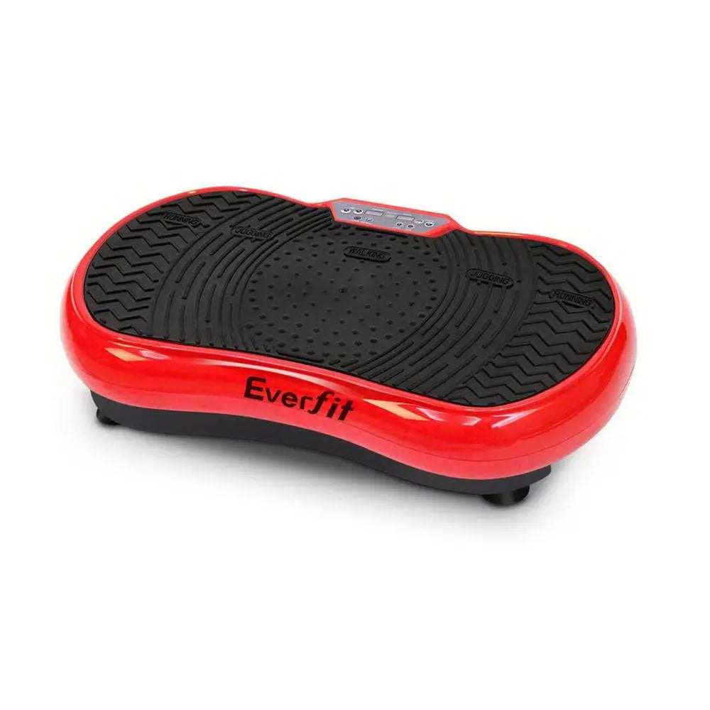 Everfit Vibration Machine Plate Platform in red color, featuring digital controls and resistance bands, designed for home fitness.