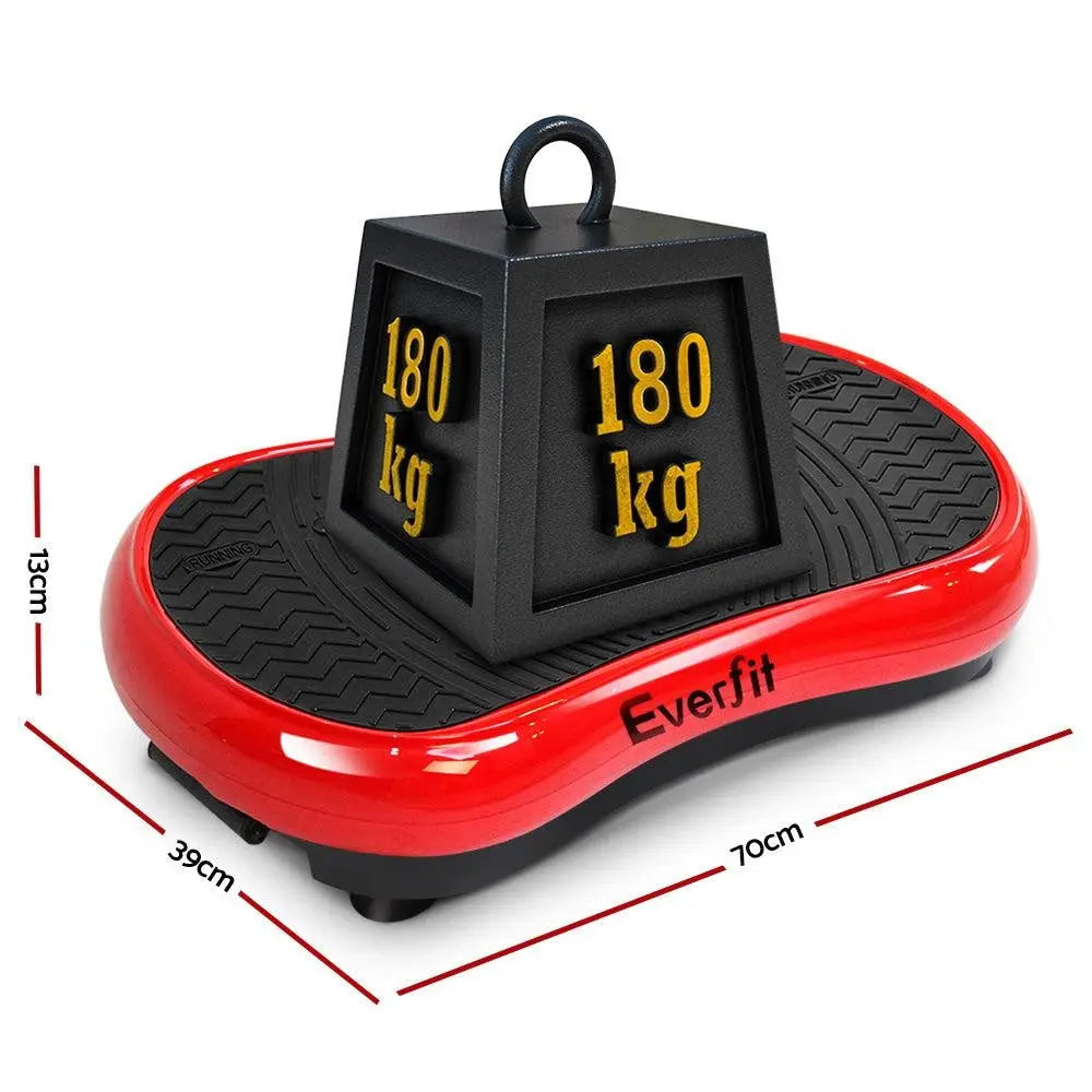 Everfit Vibration Machine Plate Platform in red color, featuring digital controls and resistance bands, designed for home fitness.