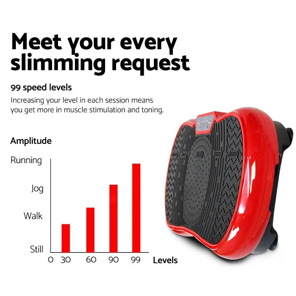 Everfit Vibration Machine Plate Platform in red color, featuring digital controls and resistance bands, designed for home fitness.