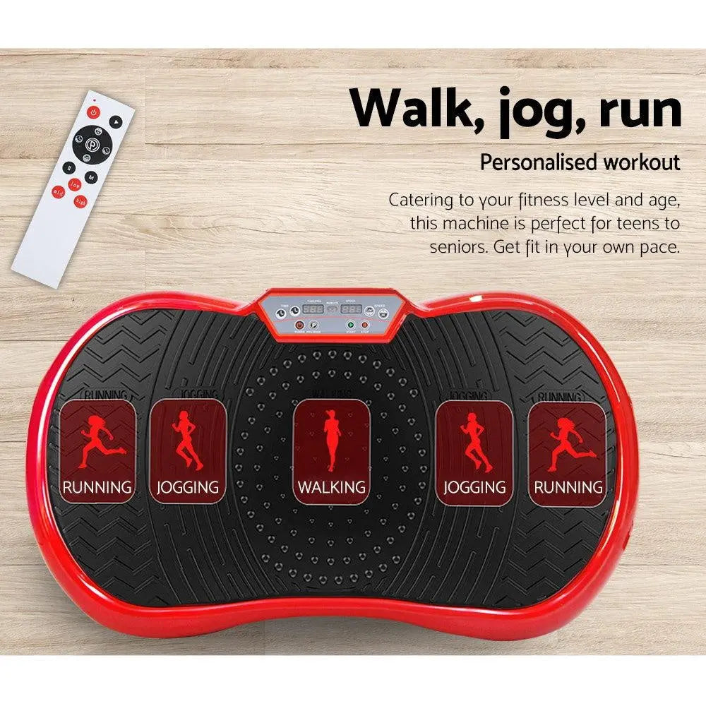 Everfit Vibration Machine Plate Platform in red color, featuring digital controls and resistance bands, designed for home fitness.