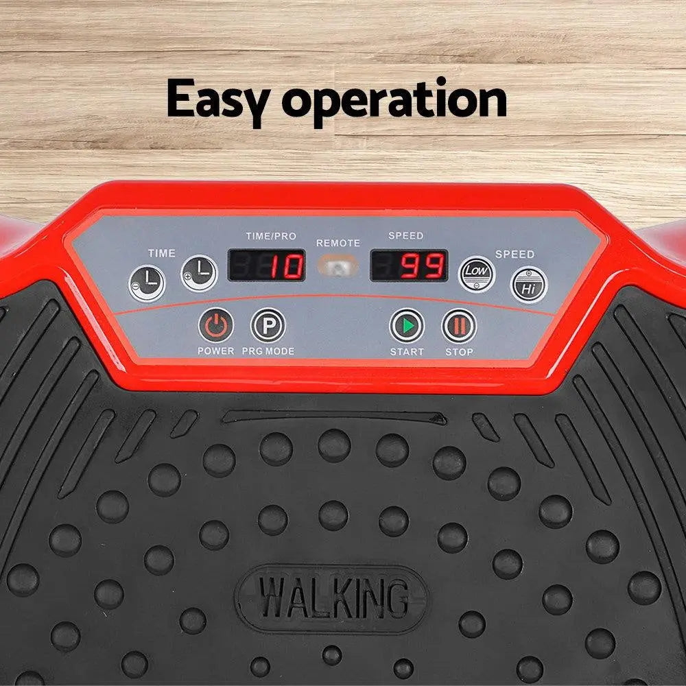 Everfit Vibration Machine Plate Platform in red color, featuring digital controls and resistance bands, designed for home fitness.