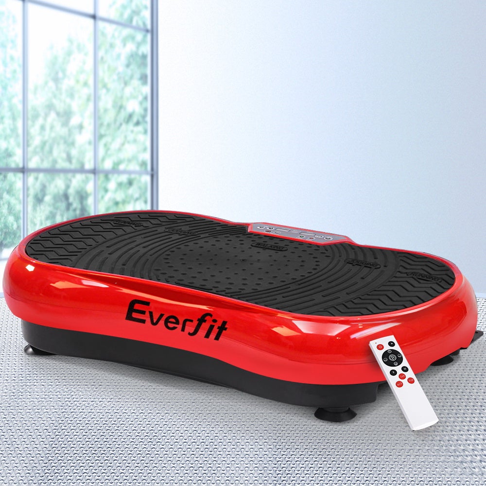 Everfit Vibration Machine Plate Platform in red color, featuring digital controls and resistance bands, designed for home fitness.