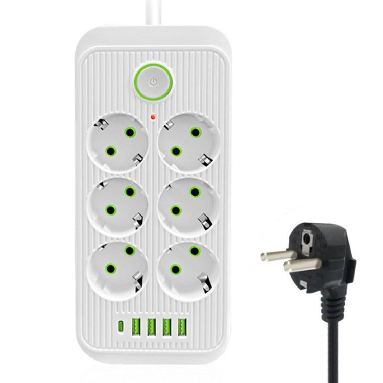 F06 2m 2500W multifunctional socket with 6 plugs, PD, and 4 USB ports, featuring child protection door and durable ABS material.