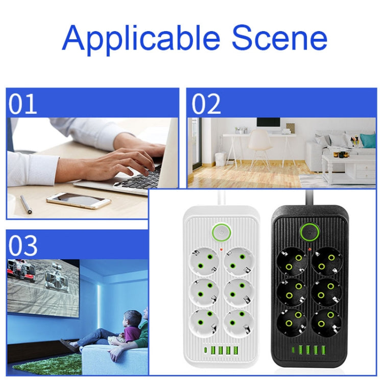 F06 2m 2500W multifunctional socket with 6 plugs, PD, and 4 USB ports, featuring child protection door and durable ABS material.