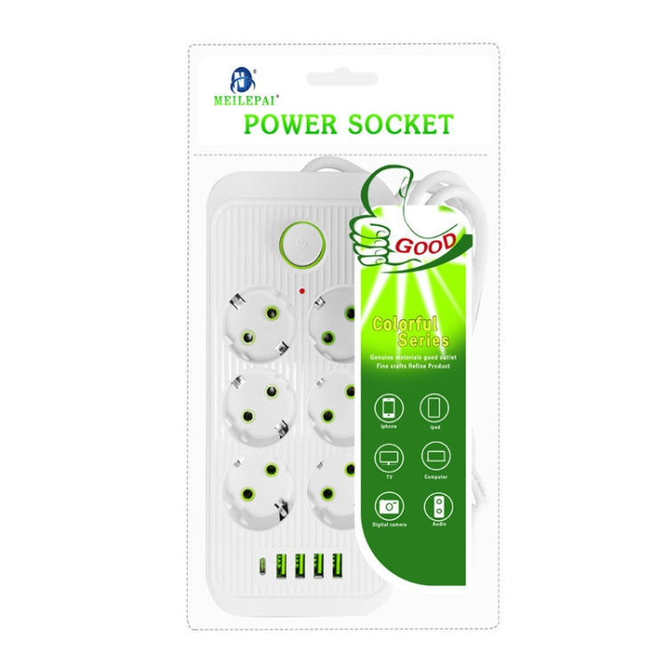 F06 2m 2500W multifunctional socket with 6 plugs, PD, and 4 USB ports, featuring child protection door and durable ABS material.