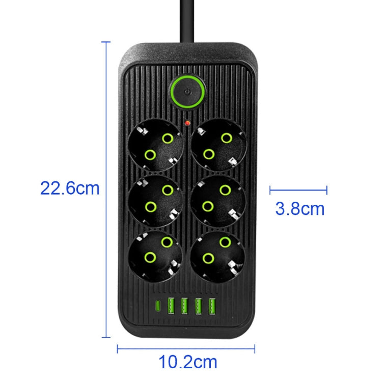 F06 2m 2500W multifunctional socket with 6 plugs, PD, and 4 USB ports, featuring child protection door and durable ABS material.