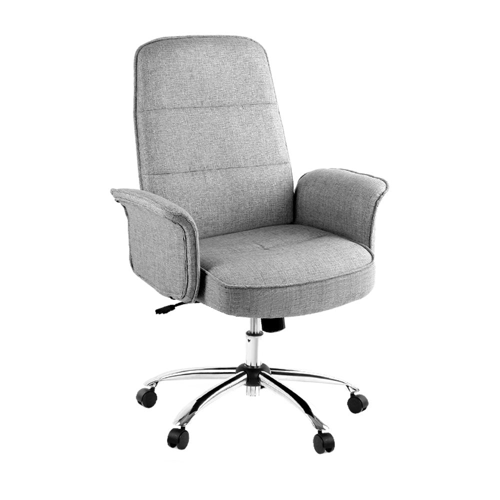 Artiss Trump Fabric Office Desk Chair in Grey with padded seat and chrome base, designed for comfort and style.