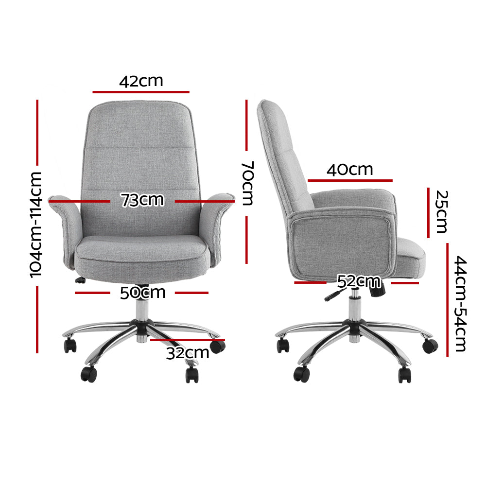 Artiss Trump Fabric Office Desk Chair in Grey with padded seat and chrome base, designed for comfort and style.