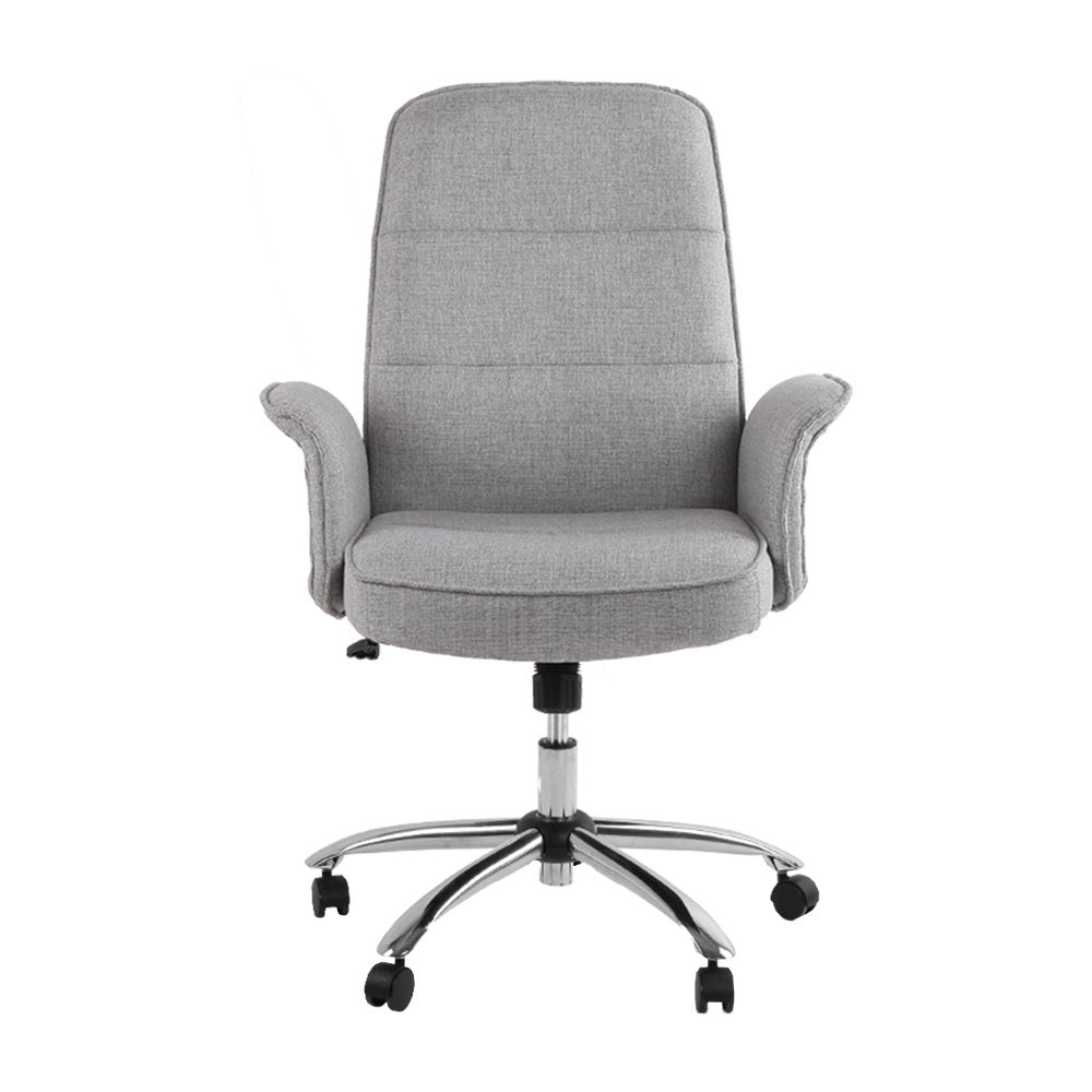 Artiss Trump Fabric Office Desk Chair in Grey with padded seat and chrome base, designed for comfort and style.