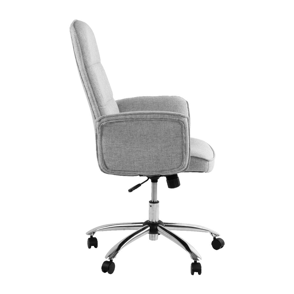 Artiss Trump Fabric Office Desk Chair in Grey with padded seat and chrome base, designed for comfort and style.