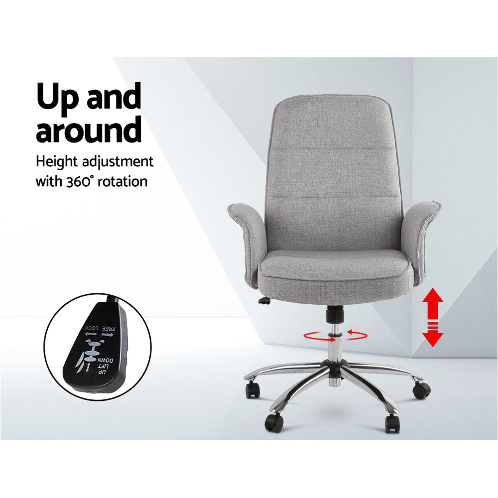 Artiss Trump Fabric Office Desk Chair in Grey with padded seat and chrome base, designed for comfort and style.