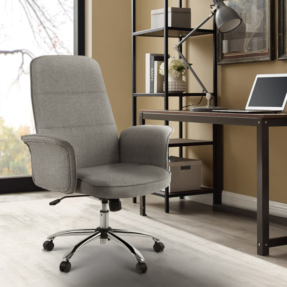 Artiss Trump Fabric Office Desk Chair in Grey with padded seat and chrome base, designed for comfort and style.