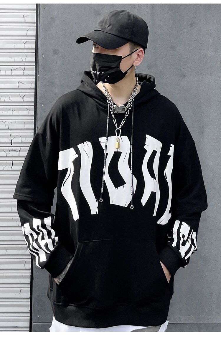 Men's Fake 2 Pieces Hoodie featuring letter print and big pockets, designed for casual streetwear in black and white colors.